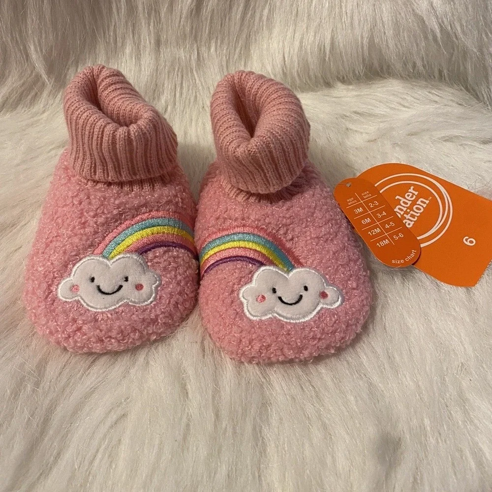 Wonder Nation Slippers Girls Size 6 Pink Fuzzy Rainbow Booties Shoes 18 Months